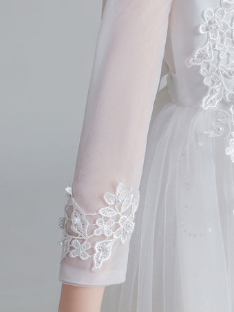 フラワーガールドレスホワイトジュエルネック3/4レングススリーブチュールポリエステルレース刺繡フォーマルキッズページェントドレス