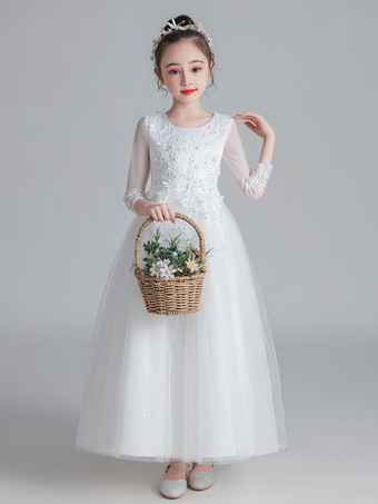 Robe fille de fleur blanche en tulle col rond manche longue transparent à la cheville robe cortège enfant
