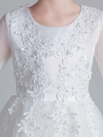 フラワーガールドレスホワイトジュエルネック3/4レングススリーブチュールポリエステルレース刺繡フォーマルキッズページェントドレス