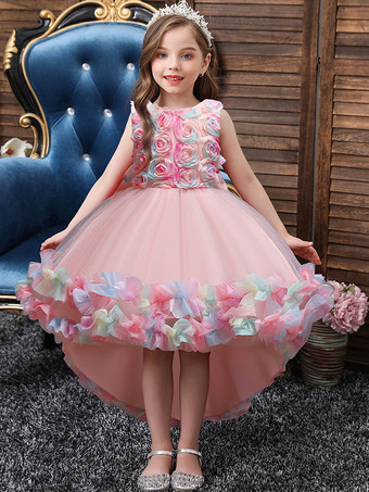 Vestidos de niña de las flores Cuello joya rosa Sin mangas Lazos Flores Tul Poliéster Algodón Vestidos formales para niños