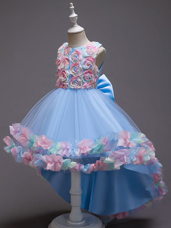 ベビーブルーフラワーガールドレスピンクジュエルネックノースリーブボウフラワーチュールポリエステルコットンフォーマルキッズページェントドレス