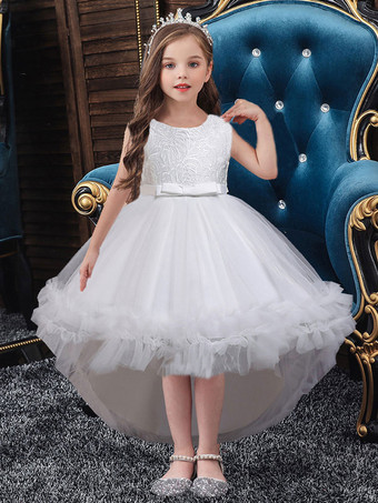 Flower Girl Dresses White Jewel Neck Sleeveless With Train A-Line Embroidered Kids Social Party Dresses