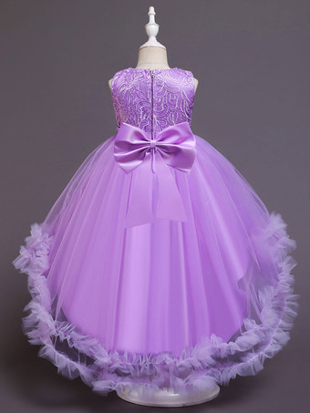 フラワーガールドレスホワイトジュエルネックポリエステルノースリーブトレインAライン刺繡キッズソーシャルパーティードレス