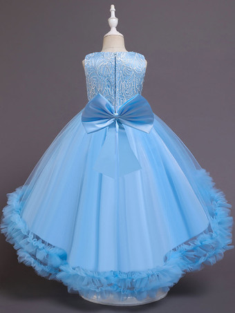 フラワーガールドレスホワイトジュエルネックポリエステルノースリーブトレインAライン刺繡キッズソーシャルパーティードレス