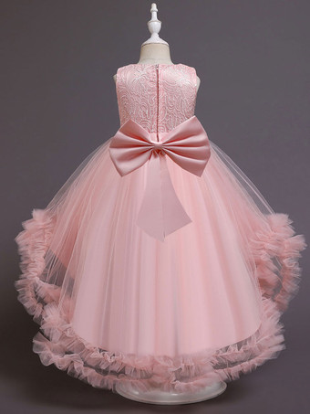 フラワーガールドレスホワイトジュエルネックポリエステルノースリーブトレインAライン刺繡キッズソーシャルパーティードレス