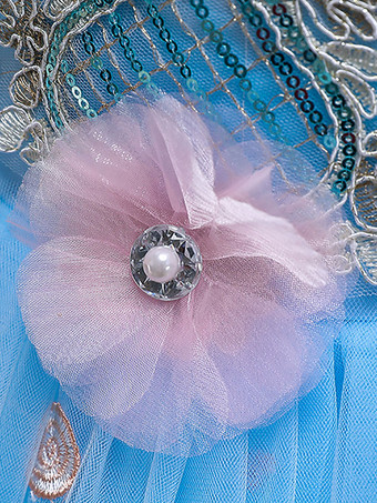 フラワーガールドレスブルージュエルネックノースリーブボウチュールポリエステルコットンフラワーキッズソーシャルパーティードレス