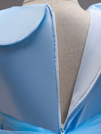 フラワーガールドレスブルージュエルネックノースリーブボウチュールポリエステルコットンフラワーキッズソーシャルパーティードレス