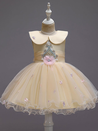 シャンパンフラワーガールドレスブルージュエルネックノースリーブボウチュールポリエステルコットンフラワーキッズソーシャルパーティードレス
