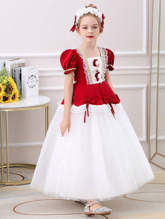 赤い花の女の子のドレスジュエルネックポリエステル半袖膝丈Aライン刺繍フォーマルキッズページェントドレス
