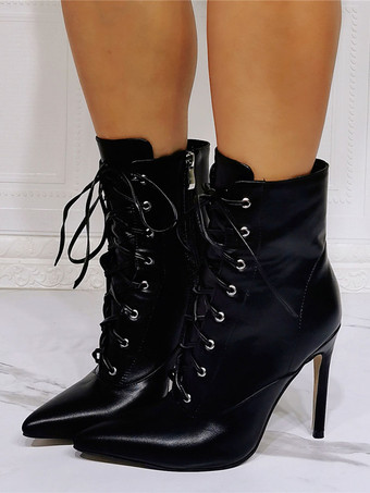 女性のブーツ ブラック PU レザー ポインテッドトゥ スティレットヒール ハイトップ レースアップ ブーティー