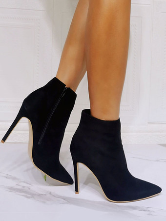女性ブーツ マイクロ スエード アッパー ブラック ポインテッドトゥ スティレット ヒール ブーティ