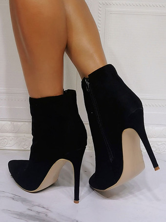女性ブーツ マイクロ スエード アッパー ブラック ポインテッドトゥ スティレット ヒール ブーティ