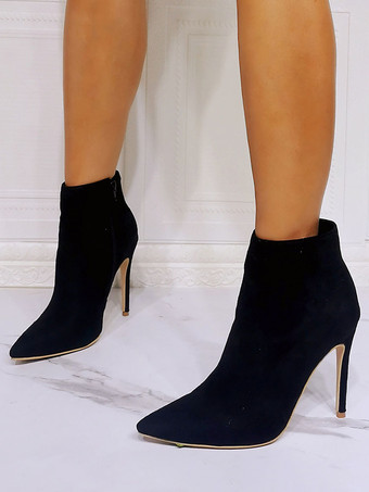 女性ブーツ マイクロ スエード アッパー ブラック ポインテッドトゥ スティレット ヒール ブーティ