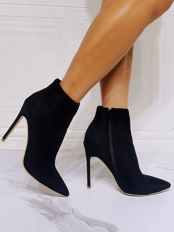 女性ブーツ マイクロ スエード アッパー ブラック ポインテッドトゥ スティレット ヒール ブーティ