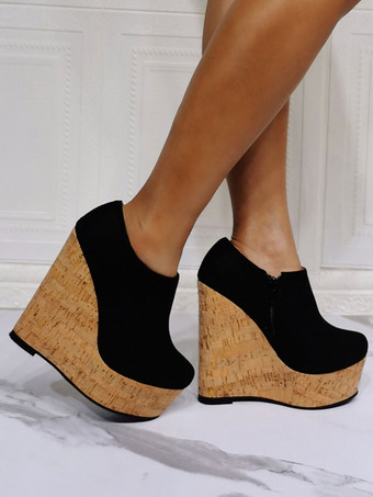 レディースブーツマイクロスエードアッパーブラックピープトウウェッジヒール