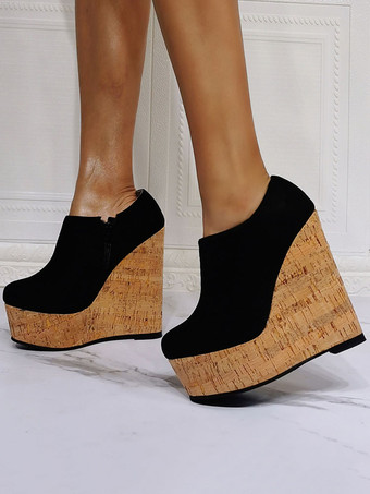 ブラック レディースブーツマイクロスエードアッパーブラックピープトウウェッジヒール
