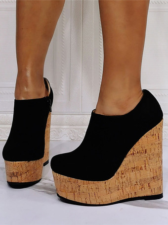 レディースブーツマイクロスエードアッパーブラックピープトウウェッジヒール