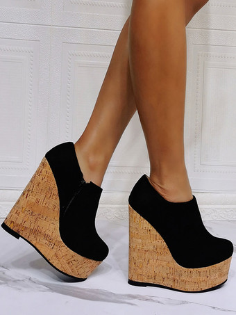 レディースブーツマイクロスエードアッパーブラックピープトウウェッジヒール