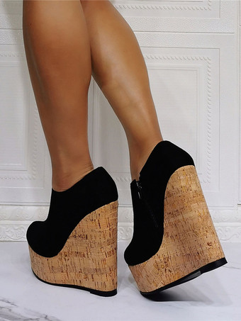 レディースブーツマイクロスエードアッパーブラックピープトウウェッジヒール