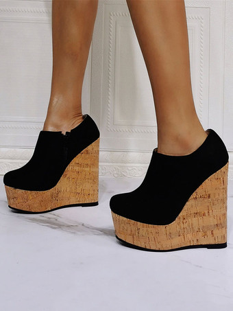レディースブーツマイクロスエードアッパーブラックピープトウウェッジヒール