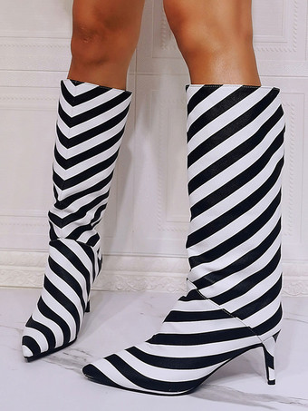 メンズセクシーブーツ ニーハイブーツ PUレザー ブラック ポインテッドトゥ スティレットヒール PUレザーブーツ