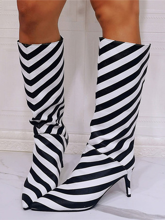 メンズセクシーブーツ ニーハイブーツ PUレザー ブラック ポインテッドトゥ スティレットヒール PUレザーブーツ