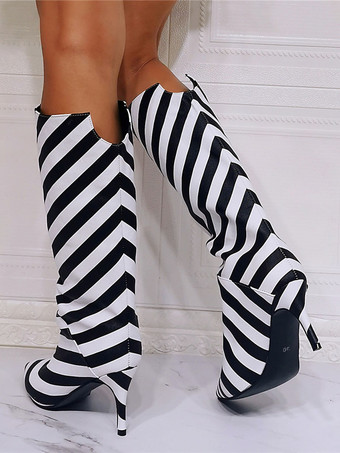 メンズセクシーブーツ ニーハイブーツ PUレザー ブラック ポインテッドトゥ スティレットヒール PUレザーブーツ