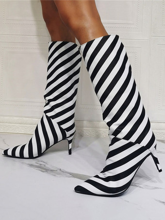 メンズセクシーブーツ ニーハイブーツ PUレザー ブラック ポインテッドトゥ スティレットヒール PUレザーブーツ