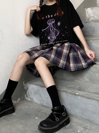 Corsé de Lolita para mujer  cuello joya  manga corta  camiseta negra de poliéster