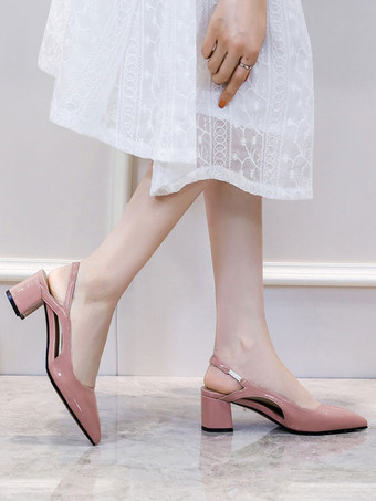 女性のための中低ヒールシックな先のとがったつま先チャンキーヒールスリッポングラマラスブルースリングバックヒール