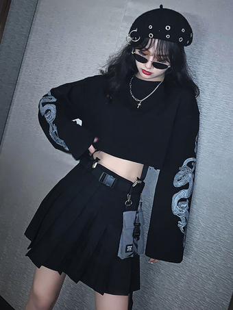 Lolita Blouse For Women Black Polyester Jewel Neck Long Sleeves Polyester Lolita Sweatshirt