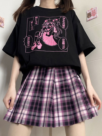 Lolita Korsett für Frauen Jewel Neck Kurzarm Schwarz Polyester T-Shirt