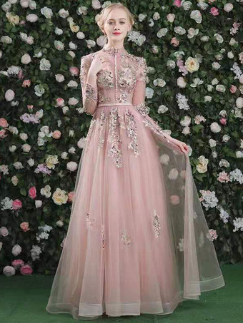 Prom Dress 2024 Pink High Collar Soft Tulle Lace A-Line Long Sleeves Lace-Up Beaded Party Dresses