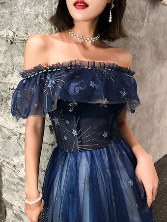 プロムドレス 2025 ネイビーブルー 半袖 Aライン オフショルダー フロア丈 レースアップ フリル パーティードレス 無料カスタマイズ