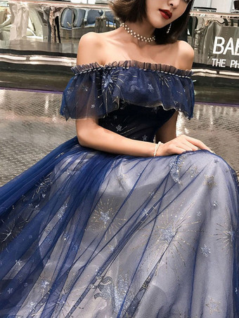 プロムドレス 2025 ネイビーブルー 半袖 Aライン オフショルダー フロア丈 レースアップ フリル パーティードレス 無料カスタマイズ