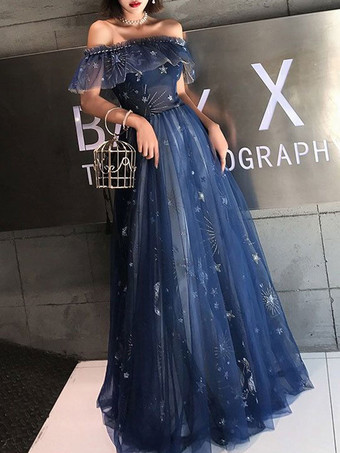 Prom Dress 2024 Navy Blue Short Sleeves A-Line Off The Shoulder Floor Length Lace-Up Ruffles Party Dresses Free Customization
