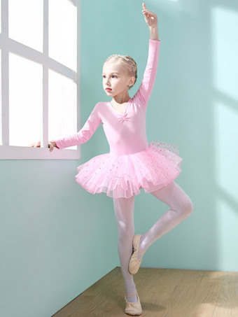 バレエダンスコスチュームピンクレディースキッズダンサーカットアウトフリル水玉プリーツコットンブレンドドレスチュニックパフォーマンスウェア