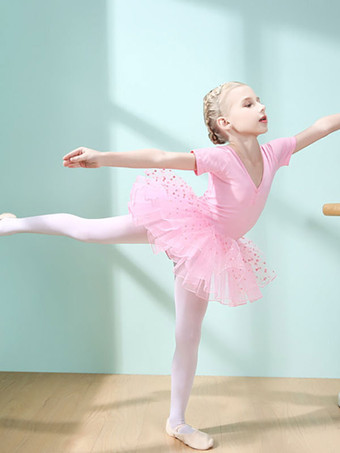 バレエダンスコスチュームピンクレディースキッズダンサーカットアウトフリル水玉プリーツコットンブレンドドレスチュニックパフォーマンスウェア