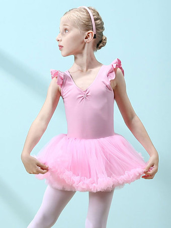 ピンクバレエドレスライラックレディースキッズダンサーカットアウトフリルアートワークプリーツコットンブレンドドレスチュニックダンスウェア