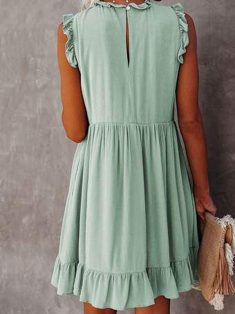 シフトドレスジュエルネックノースリーブカジュアルフリル特大パステルピンクチュニックドレス