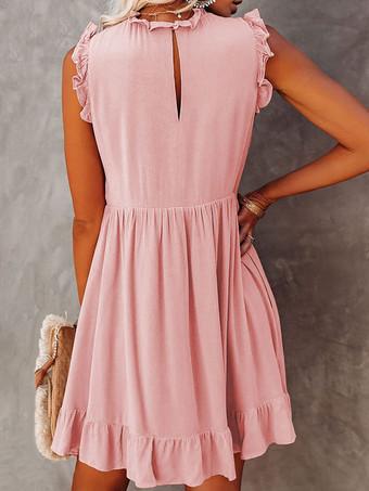 Shift Dresses Jewel Neck Sleeveless Casual Ruffles Oversized Pastel Pink Tunic Dress