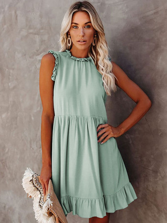 パステルグリーンシフトドレスジュエルネックノースリーブカジュアルフリル特大パステルピンクチュニックドレス