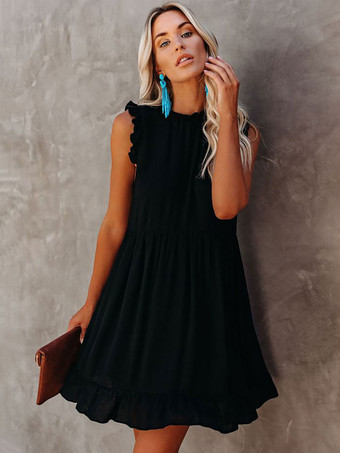 ブラック シフトドレスジュエルネックノースリーブカジュアルフリル特大パステルピンクチュニックドレス