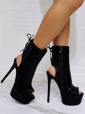 Sandalias atractivas de las mujeres Negro PU Cuero Punta abierta Tacón de aguja Sexy Botines de tacón alto