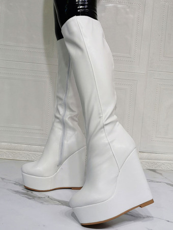 女性の膝のハイヒールPUレザーホワイトラウンドトゥウェッジヒールセクシーなハイヒールのブーツ