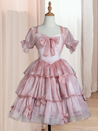 ロリータOPドレスポリエステル半袖フリルリボンロリータワンピースドレス 甘い ピンク