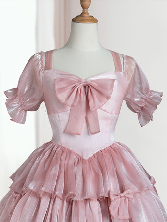 ロリータOPドレスポリエステル半袖フリルリボンロリータワンピースドレス 甘い ピンク