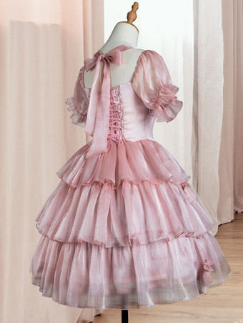 ロリータOPドレスポリエステル半袖フリルリボンロリータワンピースドレス 甘い ピンク
