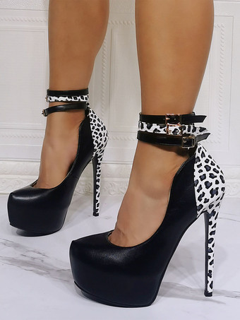 ブラック 女性セクシーハイヒールブラックラウンドトーPUレザーセクシーな足首ストラップヒール