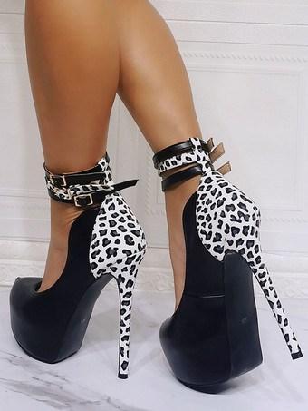 女性セクシーハイヒールブラックラウンドトーPUレザーセクシーな足首ストラップヒール